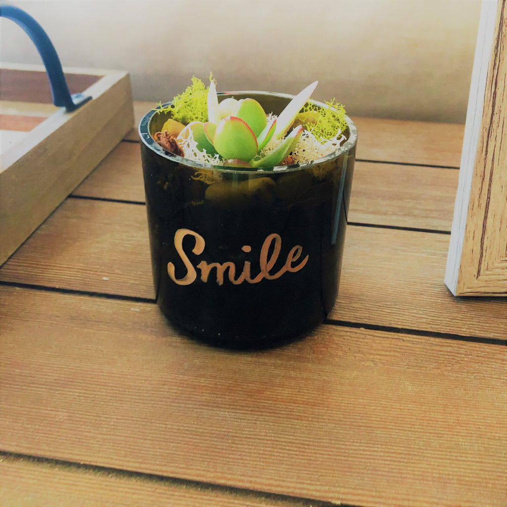 Recrafted Designs upcycled wine bottle terrarium eco friendly. Smile.